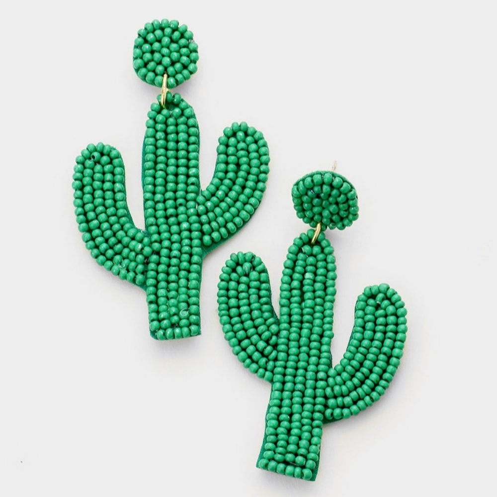 Beaded Green Cactus Dangle Earrings Fun Shaped Felt Back Drop Statement Jewelry